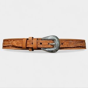 Vintage Looper Tooled Leather Western Belt Brown Engraved Buckle Size 34 Unisex.